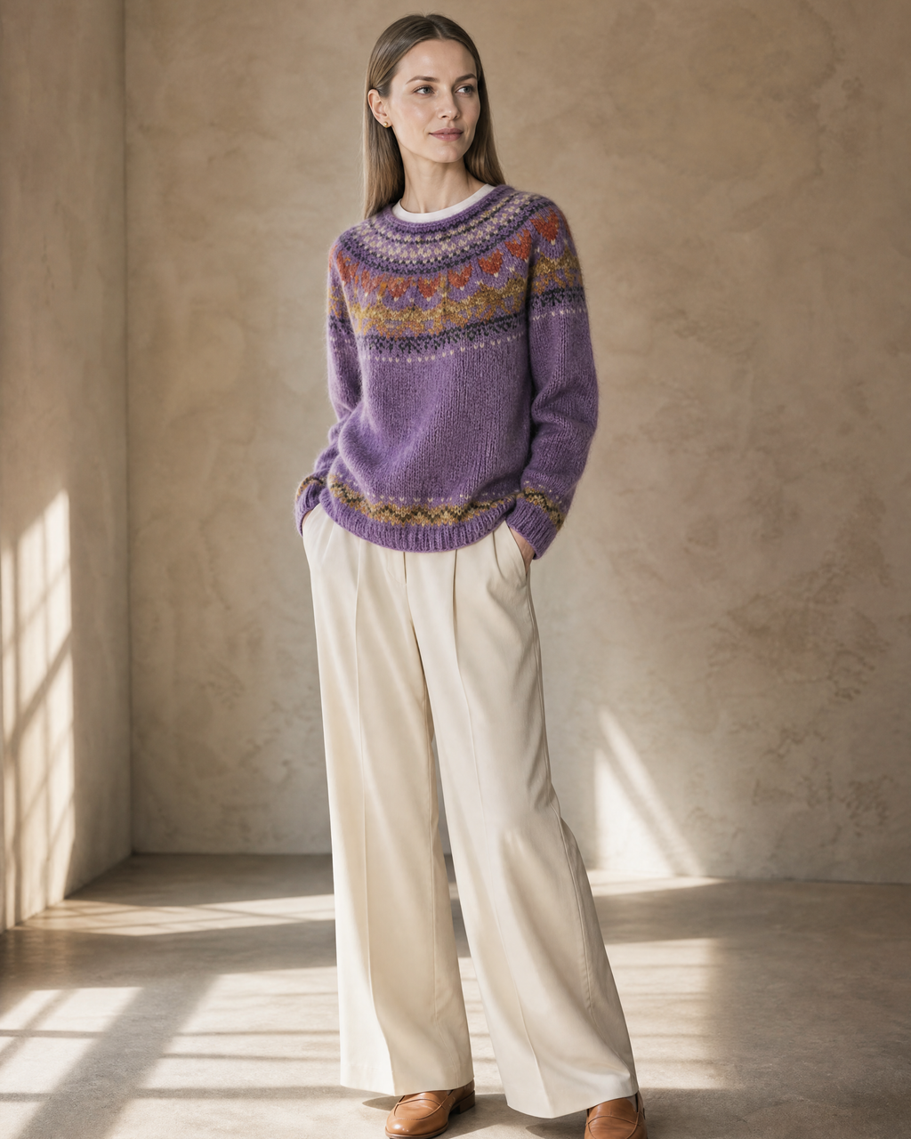Women's Multicolour Patterned Crew Neck Sweater in Lilac, texture macro on shoulder, worn by model