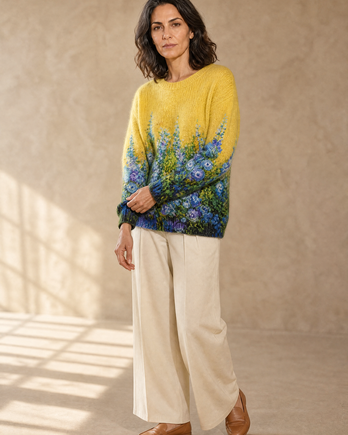 Women's Multicolour Patterned Crew Neck Sweater in Yellow, standing, sleeve adjust, worn by model