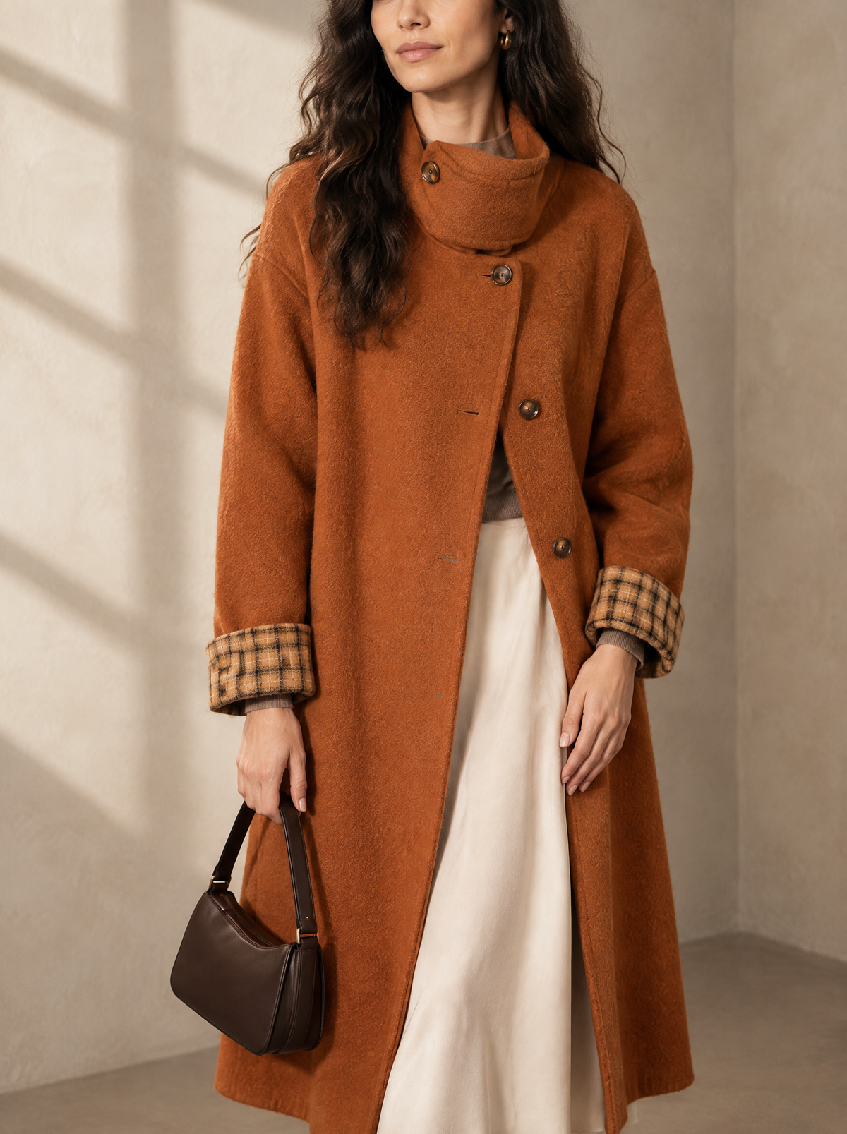 Warm editorial room · Soft sophisticated / old money Orange bust to thigh