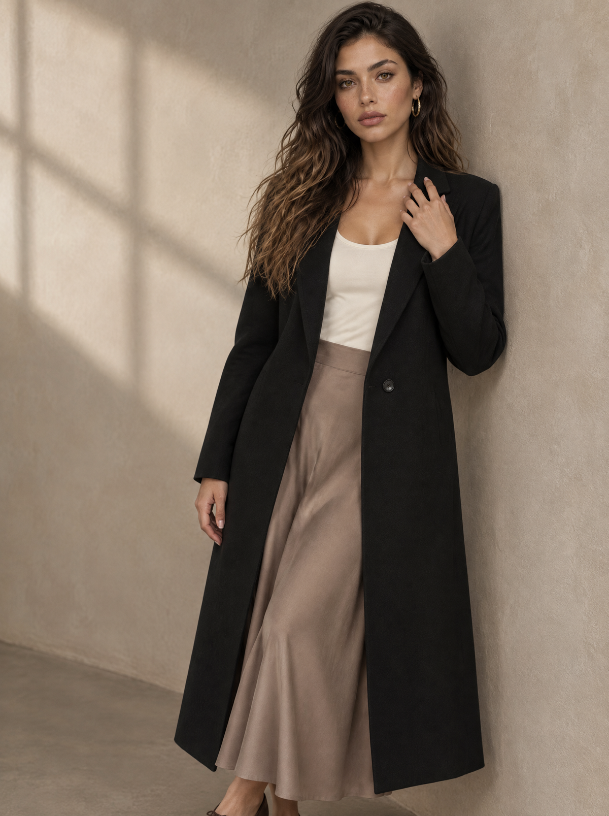 Warm editorial room · Soft sophisticated / old money Black seated or lean