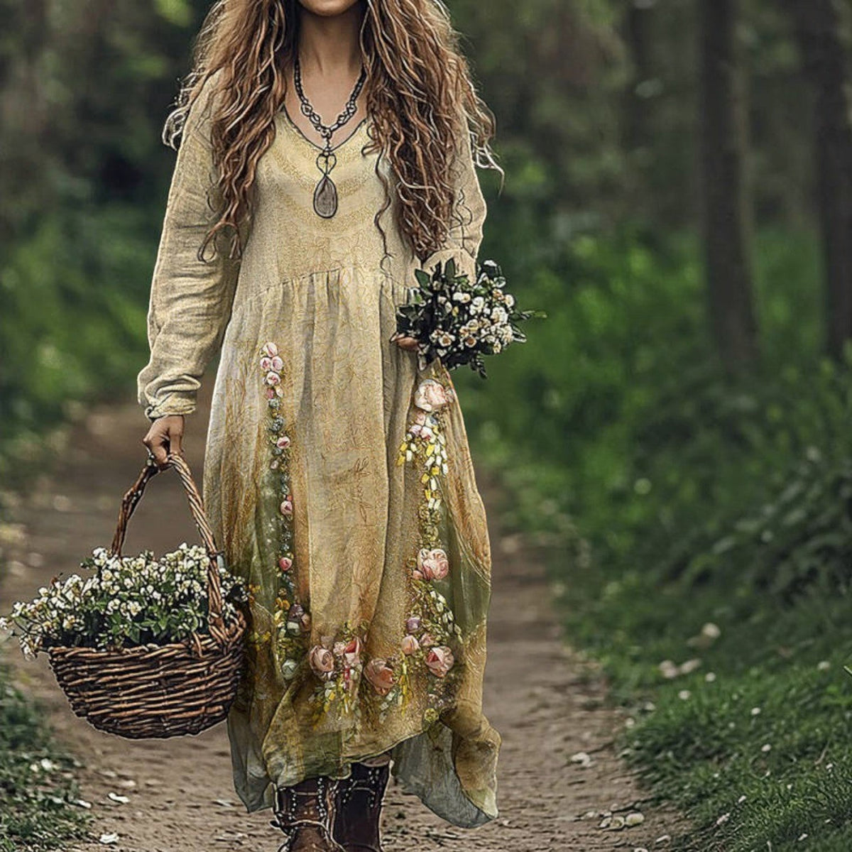 Women's Vintage Western V-Neck Maxi Dress