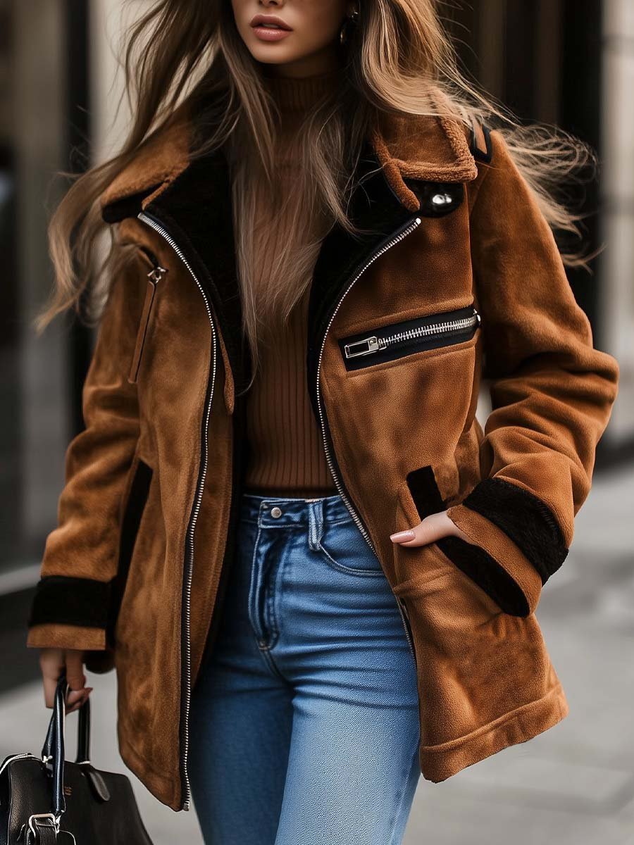 Women's Coat in Suede with Contrast Color Details and Zipper