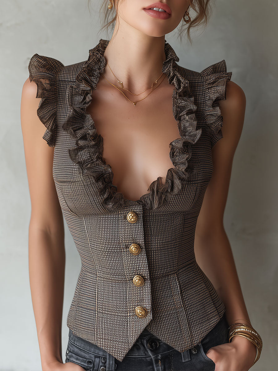 Women's Vest with Houndstooth Pattern and Ruffle Trim