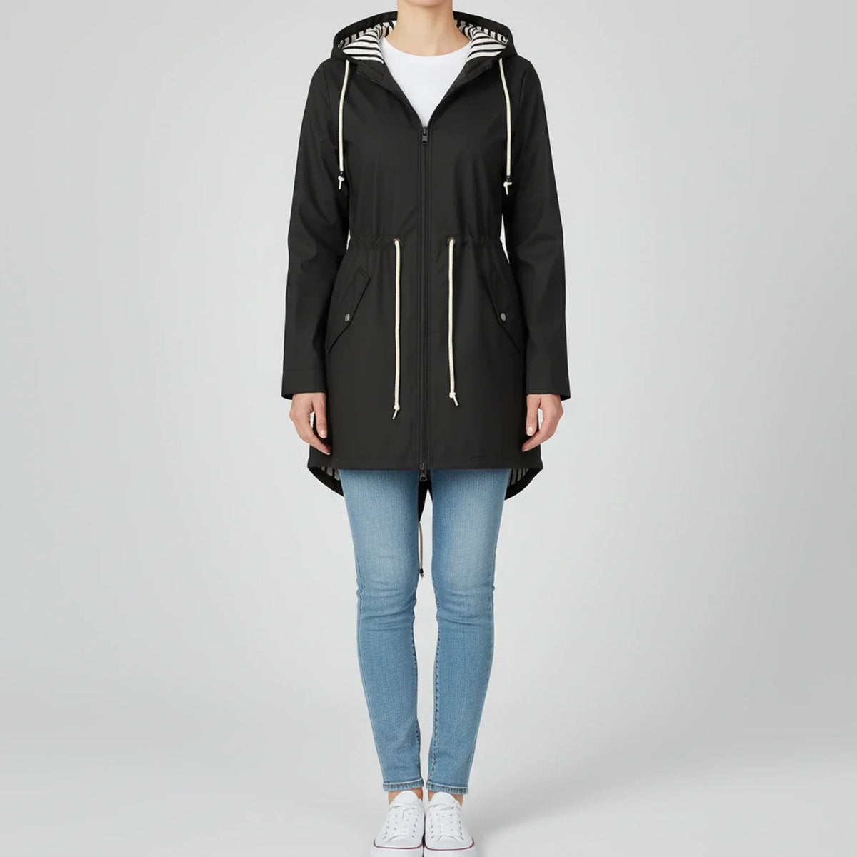 Women's Anorak Jacket with Hood, Full Zip Closure, Longline Silhouette and Drawstring Waist for Outdoor Adventures