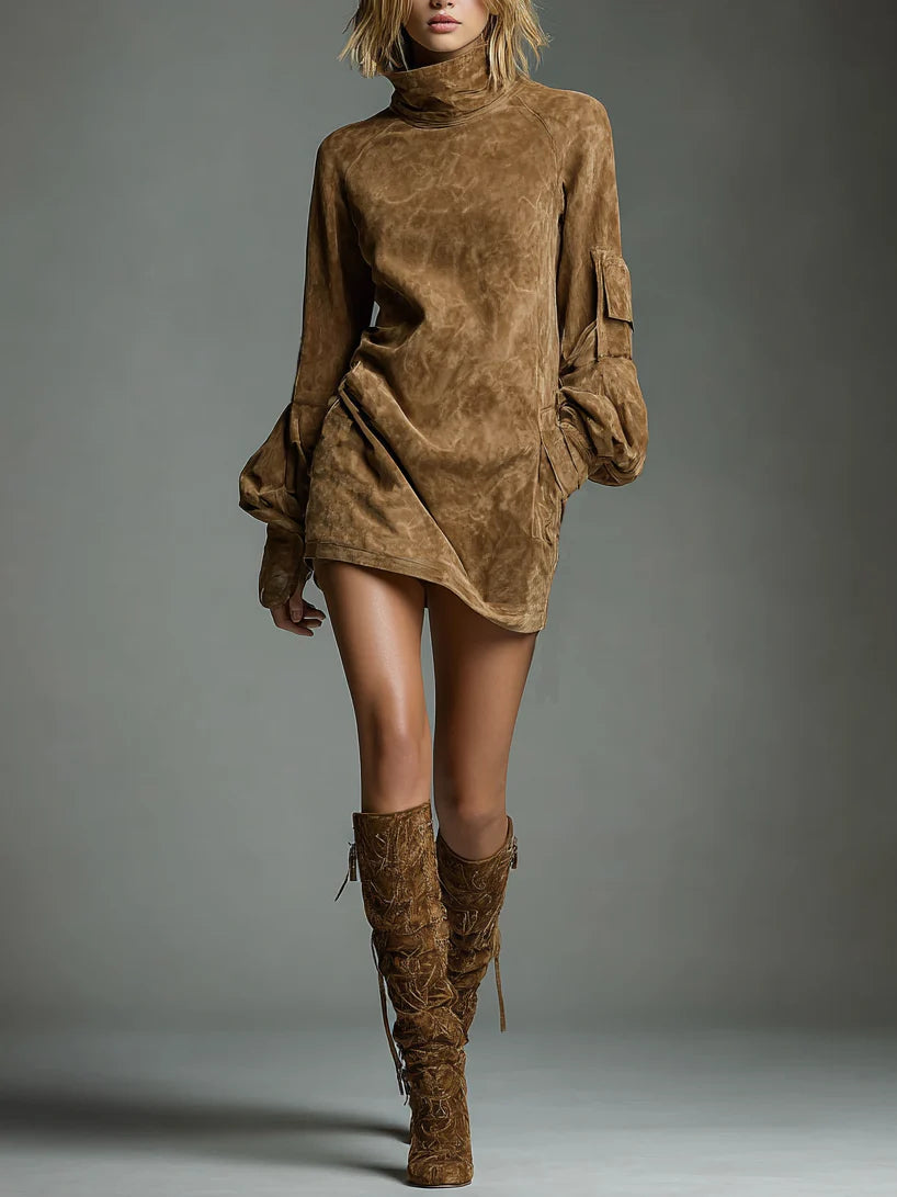 Women's Loose Suede Turtleneck Mini Dress