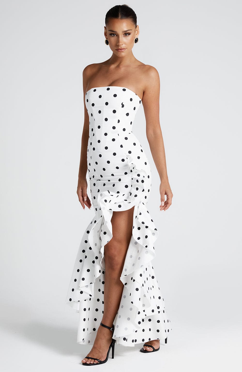 Women's Strapless Polka Dot Maxi Dress with Princess Seams, Frilled Hem and Invisible Zipper for Bold Statement Style