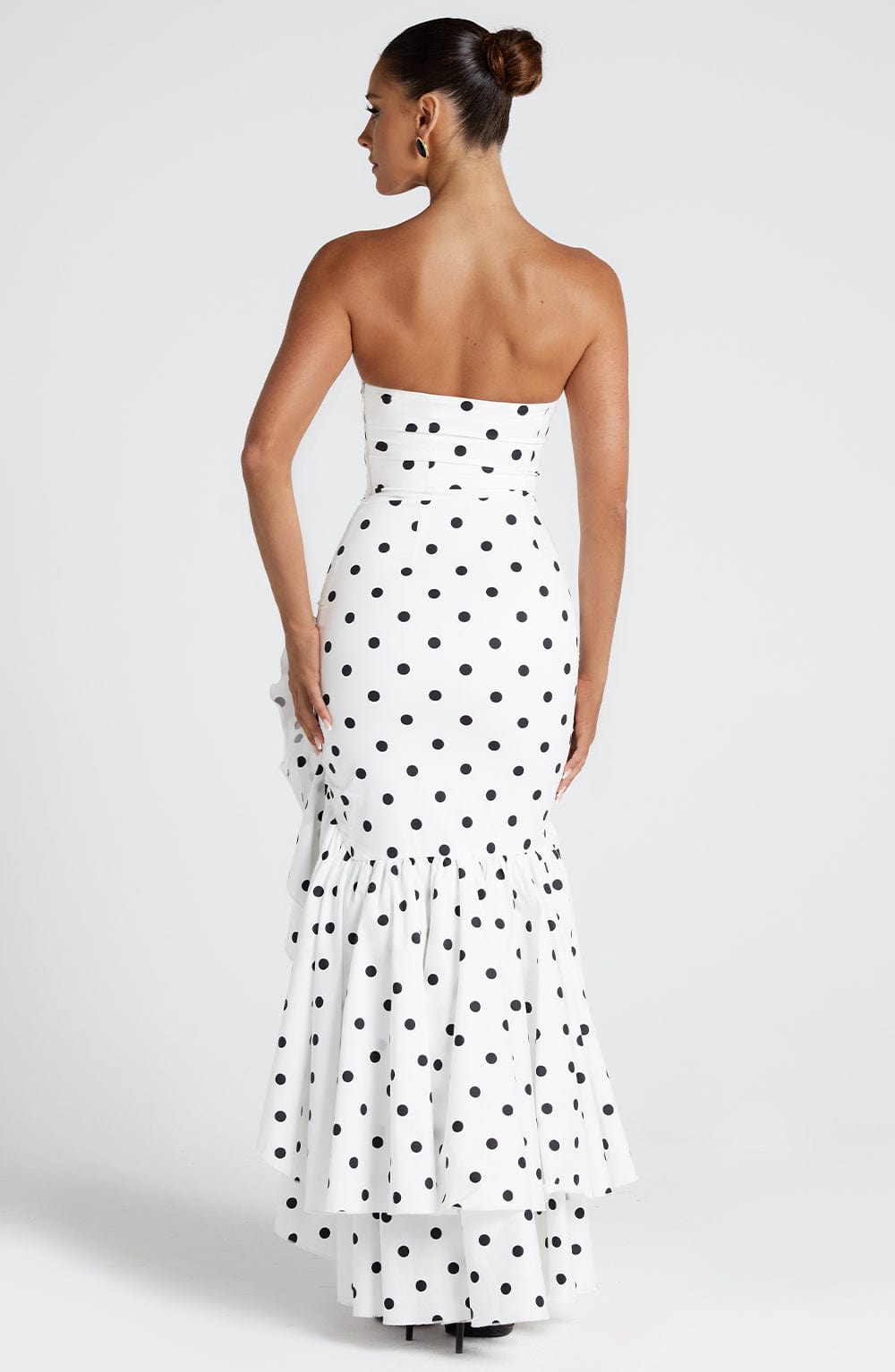 Women's Strapless Polka Dot Maxi Dress with Princess Seams, Frilled Hem and Invisible Zipper for Bold Statement Style