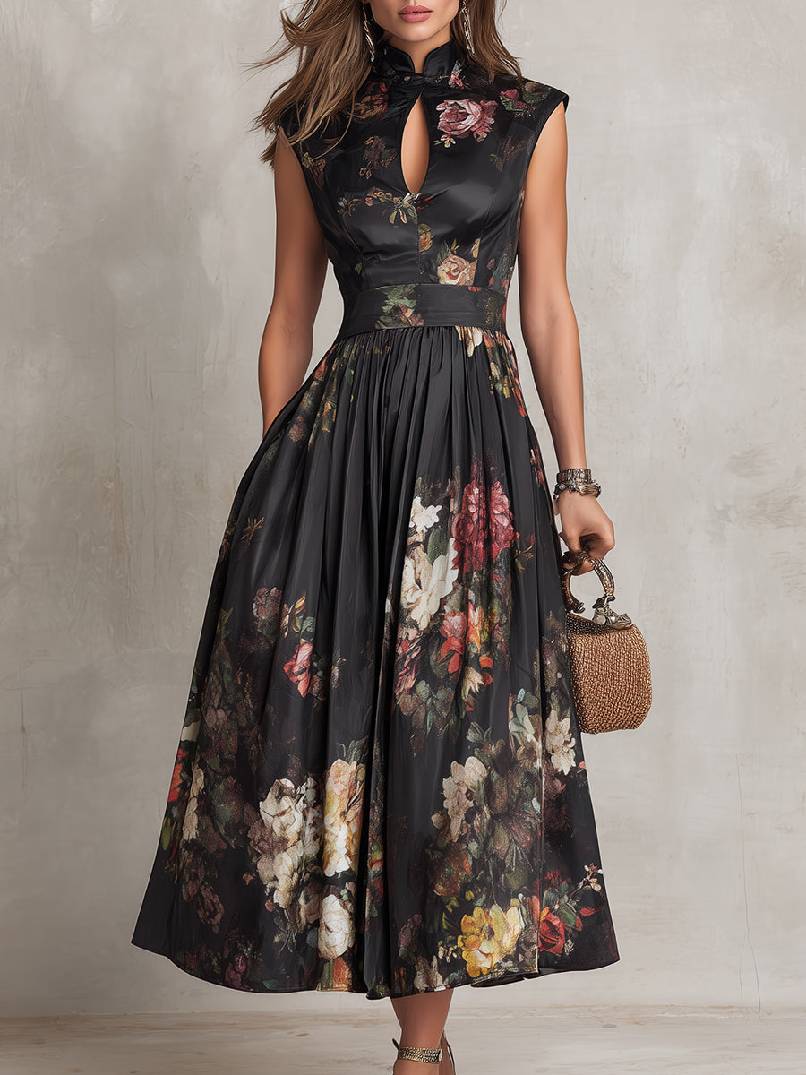 Women's Floral Pleated Satin Midi Dress with Keyhole Collar
