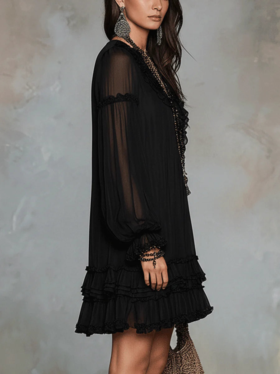 Women's Dress in Black Chiffon with V-Neck and Lantern Sleeves