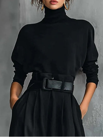 Women's Clothing Set with Turtleneck Top and Straight-Leg Pants