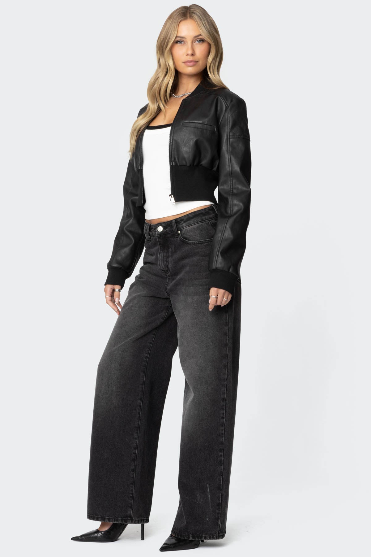 Lunelle - Faux Leather Bomber Jacket
