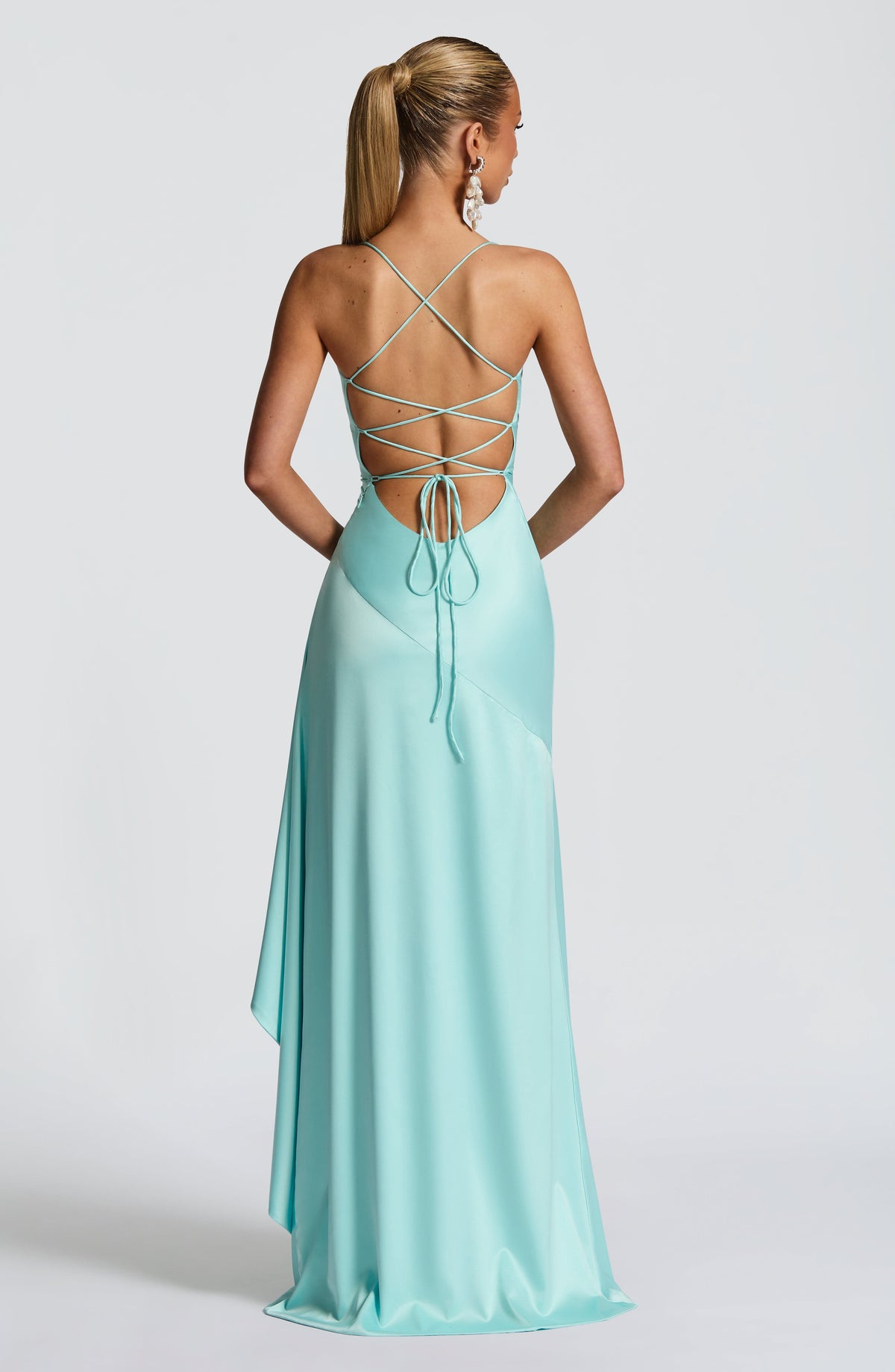 Women's Stretch Satin Summer Maxi Dress With Twisted Cowl Neckline Open Lace Up Back High Low Hem and Cascading Ruffle