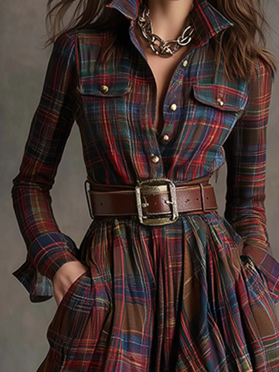 Women's Dress with Lapel and Contrasting Plaid