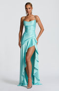 Women's Stretch Satin Summer Maxi Dress With Twisted Cowl Neckline Open Lace Up Back High Low Hem and Cascading Ruffle