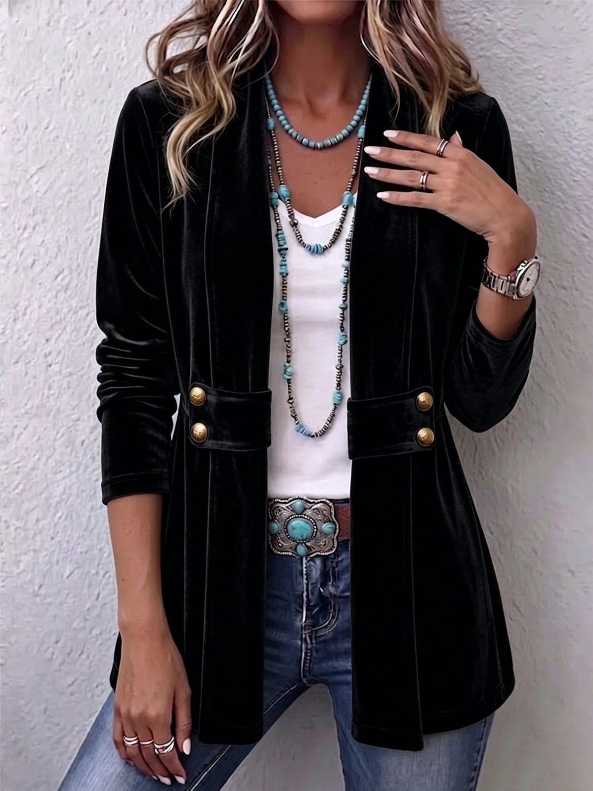 Unisex Open Front Jacket with Vintage Lapel and Button Side Tabs