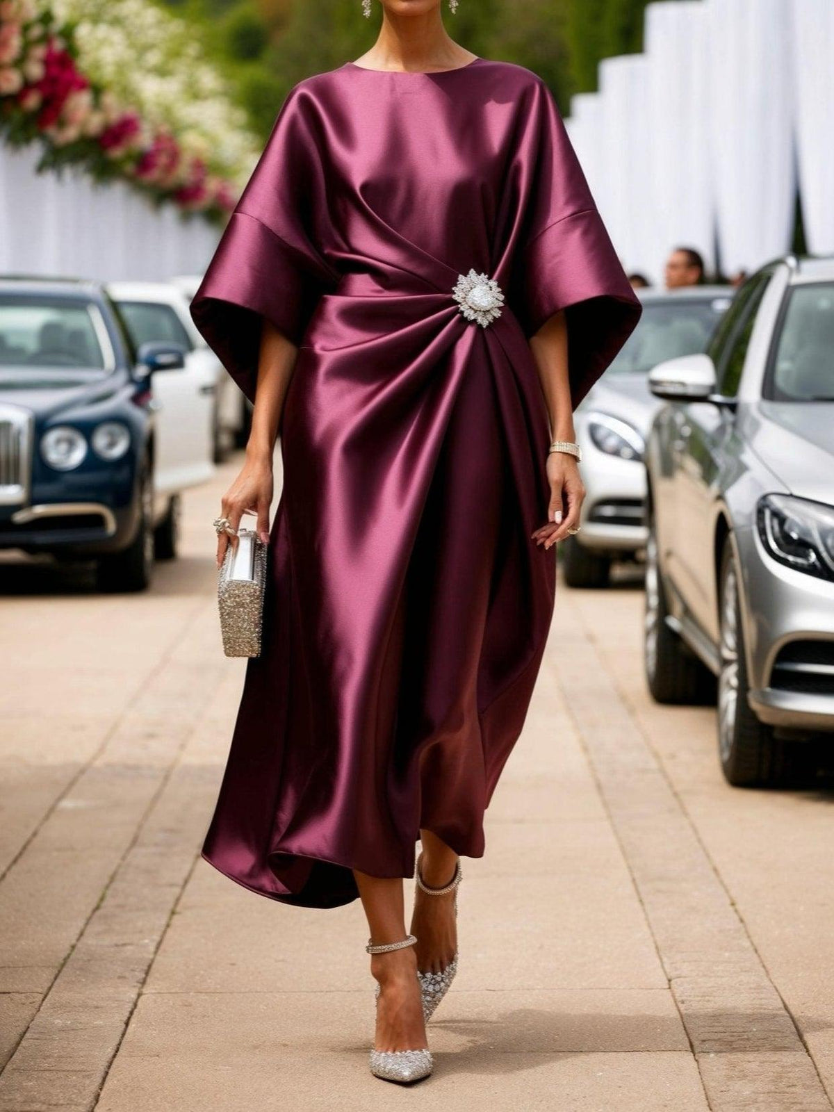 Women's Maxi Dress with Boat Neck and Ruched A-Line Silhouette