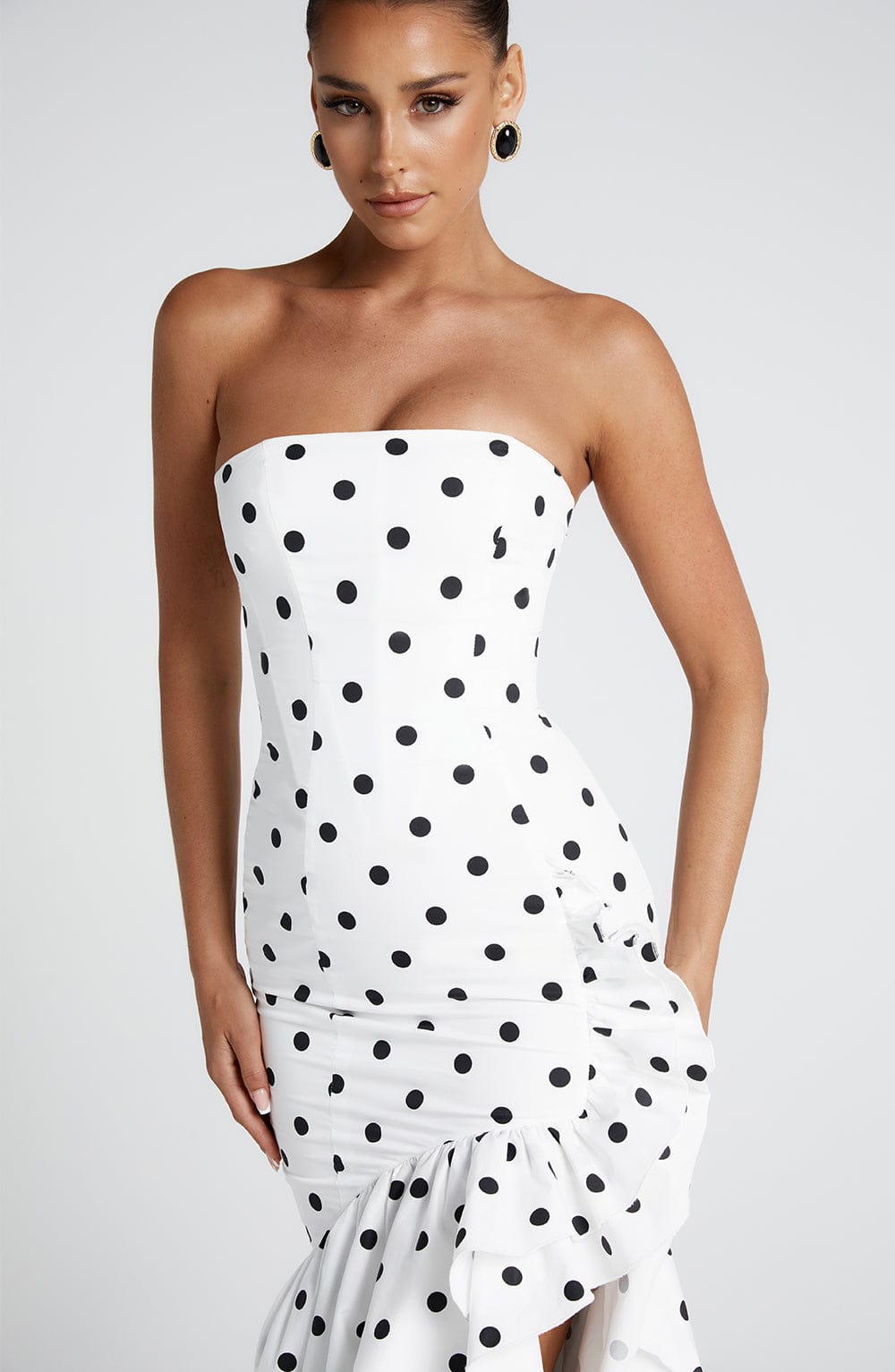 Women's Strapless Polka Dot Maxi Dress with Princess Seams, Frilled Hem and Invisible Zipper for Bold Statement Style