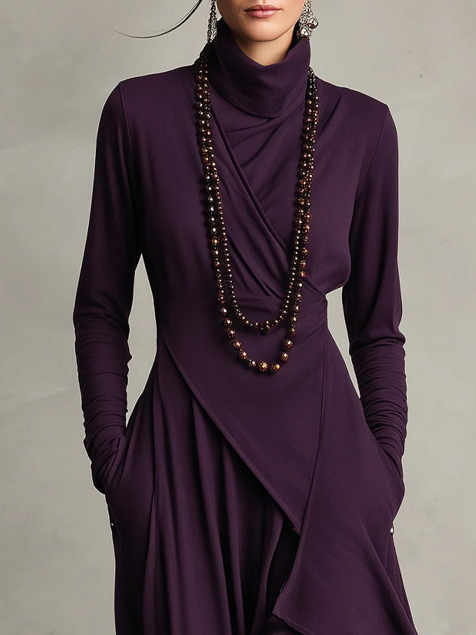 Women's Asymmetrical Pleated Maxi Dress with Turtleneck