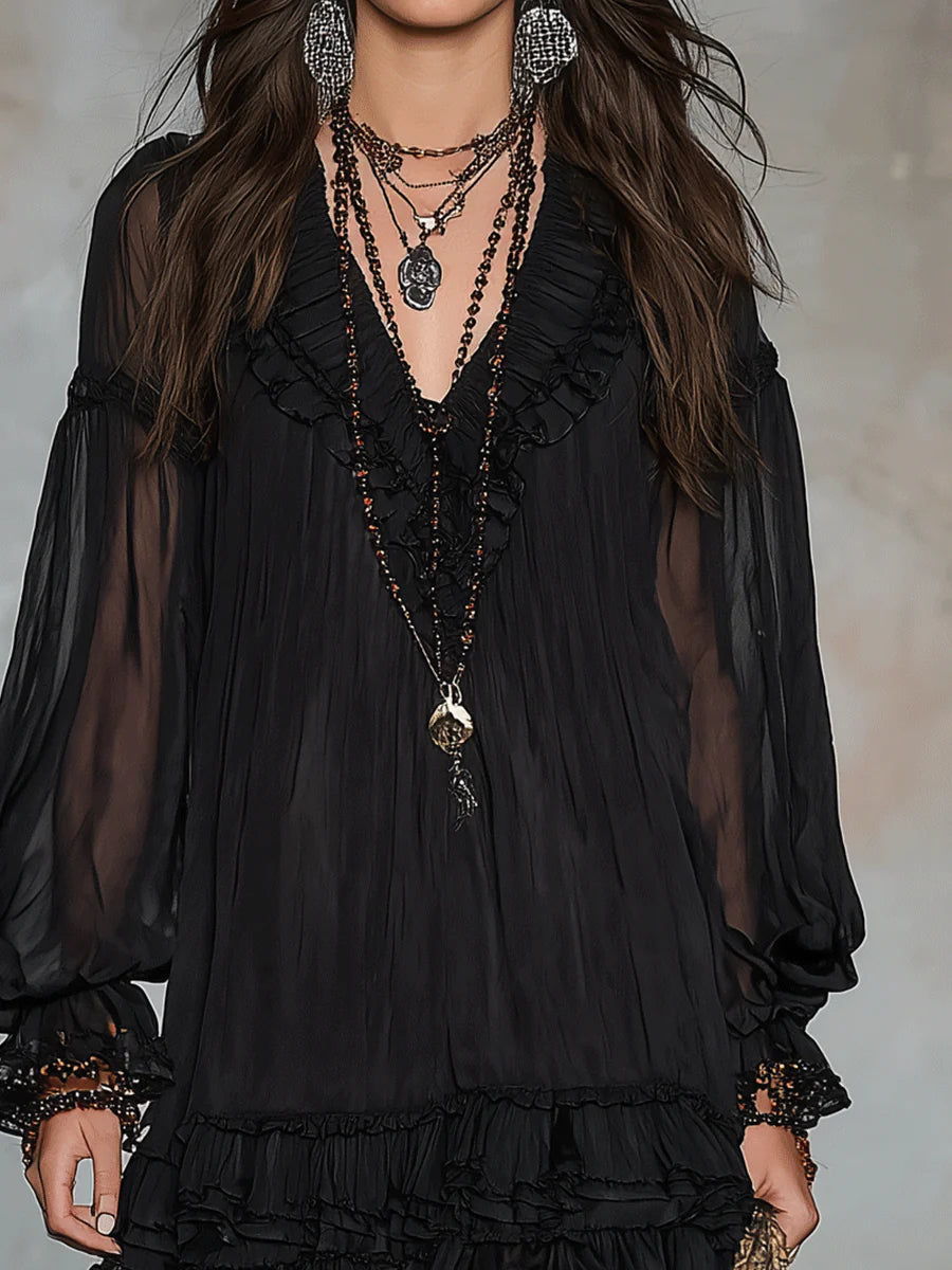 Women's Dress in Black Chiffon with V-Neck and Lantern Sleeves