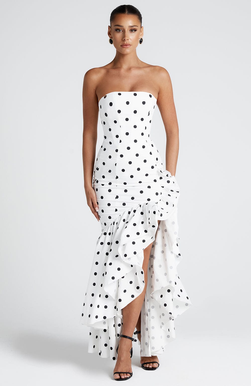 Women's Strapless Polka Dot Maxi Dress with Princess Seams, Frilled Hem and Invisible Zipper for Bold Statement Style